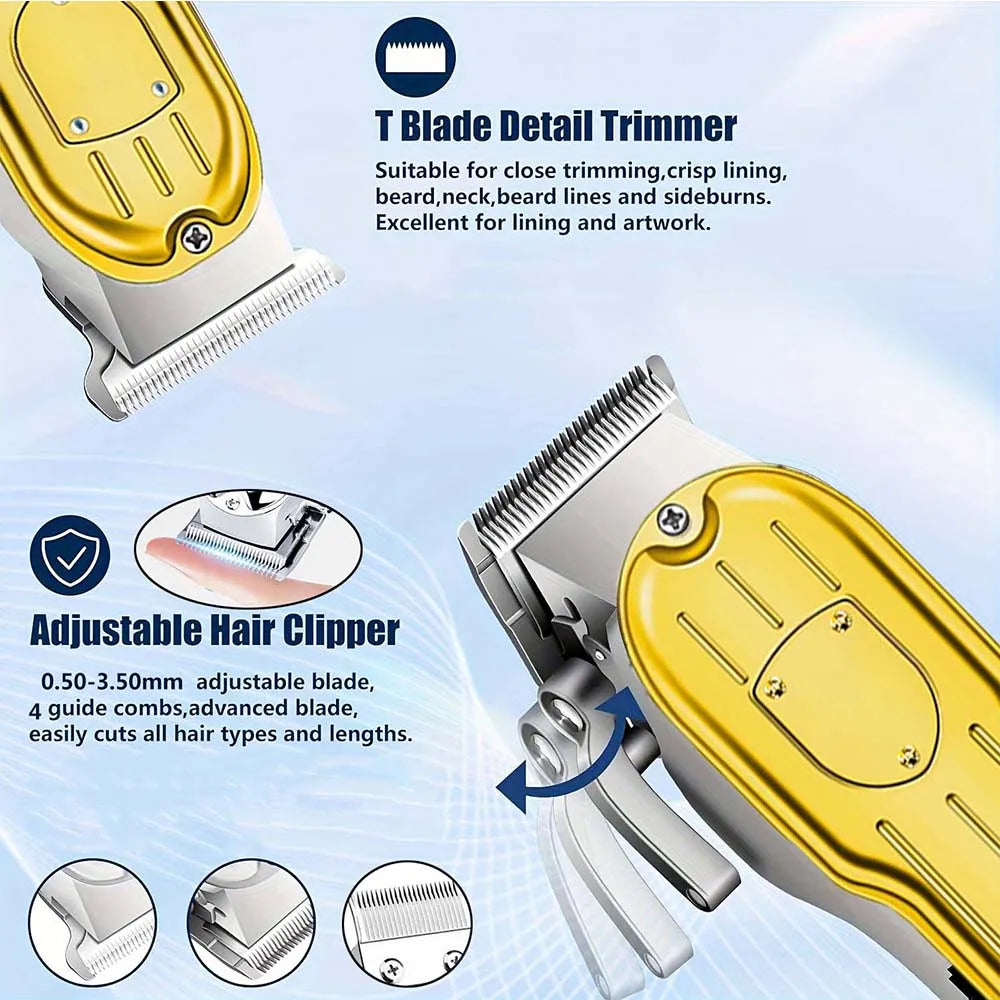Close-up view of a yellow and silver T Blade Detail Trimmer hair clipper with adjustable blades and guide combs.