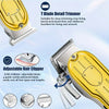 Close-up view of a yellow and silver T Blade Detail Trimmer hair clipper with adjustable blades and guide combs.