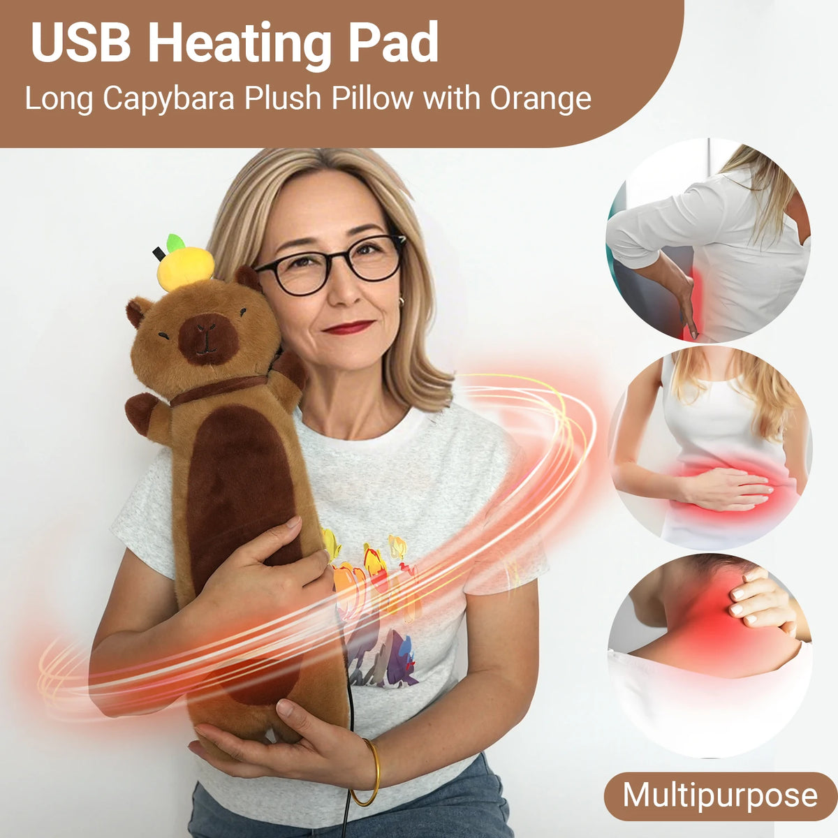 A woman holds a long capybara plush pillow heating pad with orange light, demonstrating its multipurpose use.