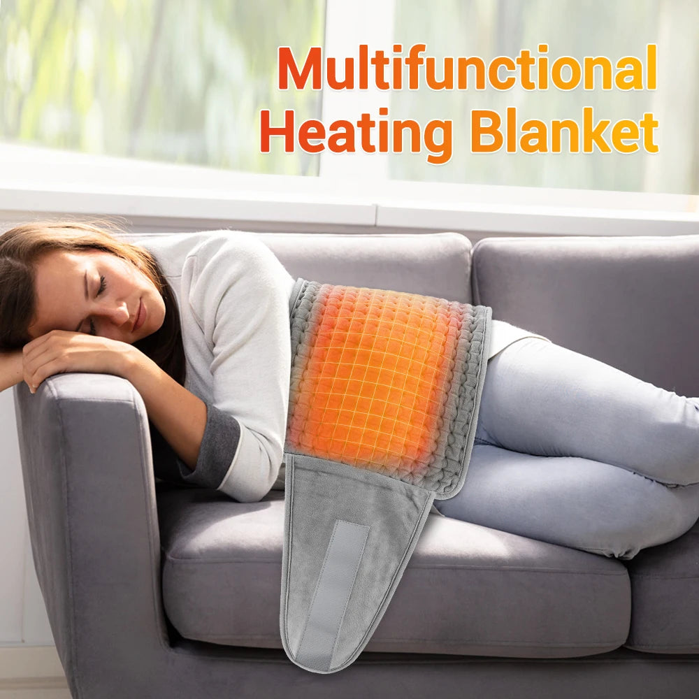 A multifunctional heating blanket is placed on a person sitting on a couch.