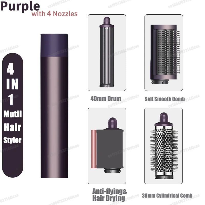 Peine estilizador multiuso morado de 4 en 1 con cuatro boquillas, incluyendo tambor y peine cilíndrico.