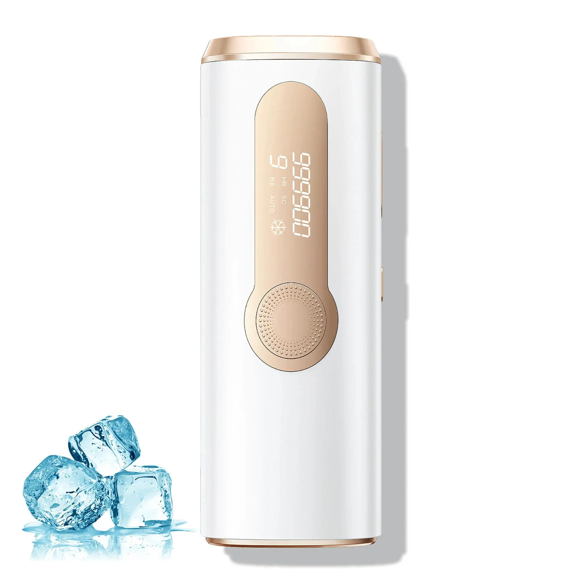 A white and rose gold IPL hair removal device with an ice cooling feature shown next to ice cubes.