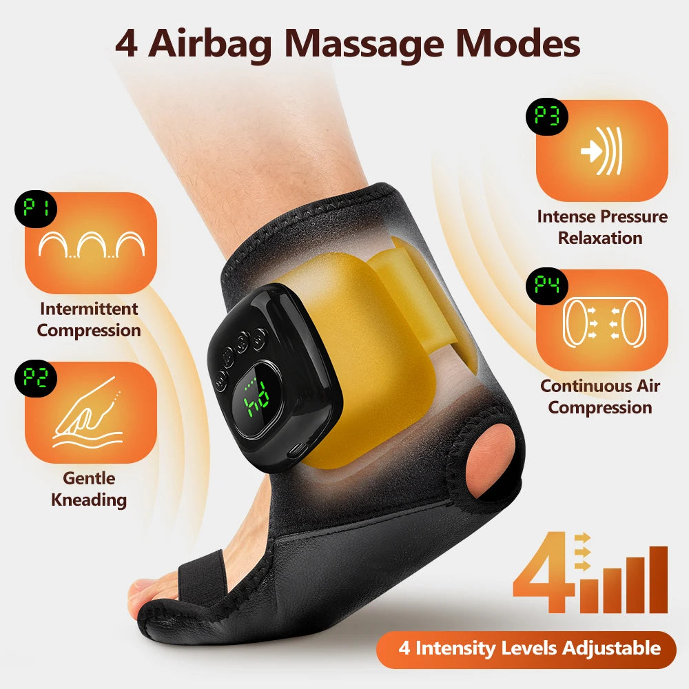 Black ankle massager with yellow massage pads shown on a foot, demonstrating four massage modes and adjustable intensity leve