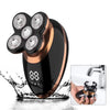 A black precision rotary electric shaver with multiple cutting heads is shown in use, generating foam and water.