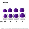 Purple silicone earplugs in various sizes XS to L shown individually.