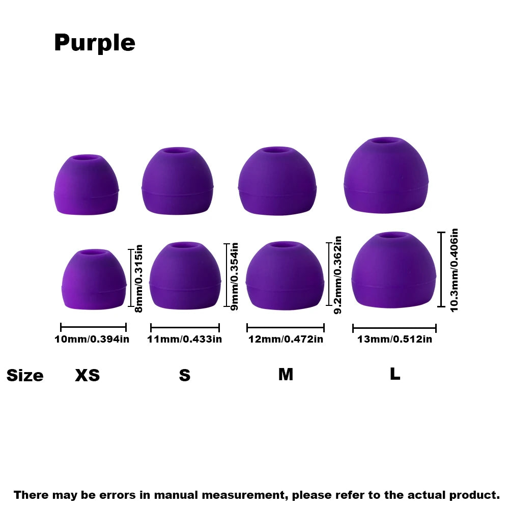 Purple silicone earplugs in various sizes XS to L shown individually.
