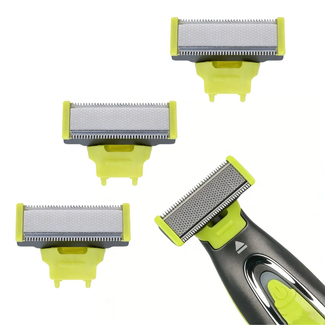 Replacement electric shaver blade with a yellow housing and silver shaving head.
