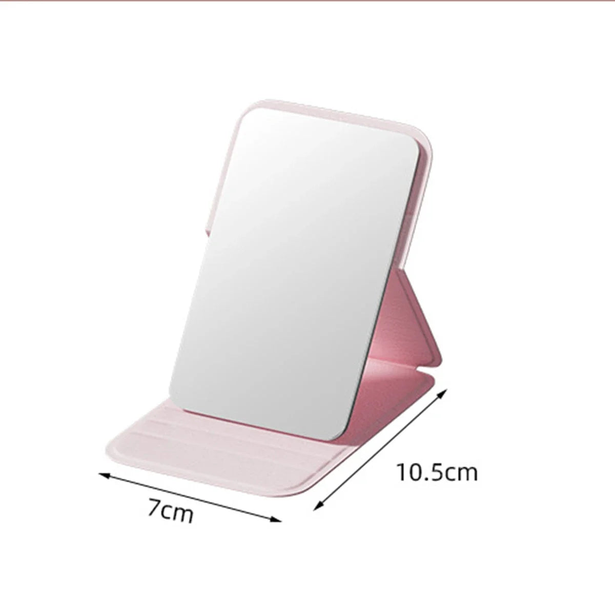 Pinkes faltbares Make-up-Spiegel mit rechteckiger reflektierender Fläche.