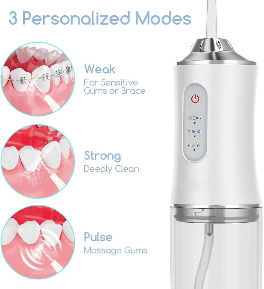 A white portable USB rechargeable water flosser with three modes: Weak, Strong, and Pulse.
