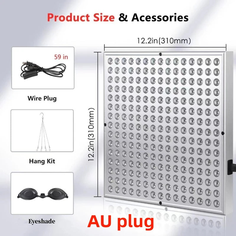 A silver red light therapy panel with various accessories including a wire plug, hang kit, and an eye shade.