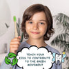 A smiling child holds a bamboo toothbrush and is positioned in front of a leafy background, promoting environmental contribut