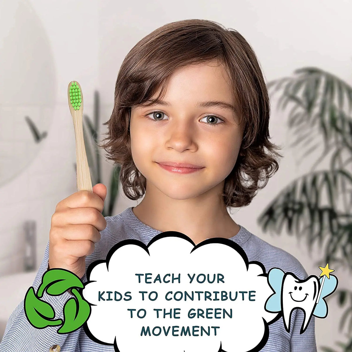 A smiling child holds a bamboo toothbrush and is positioned in front of a leafy background, promoting environmental contribut
