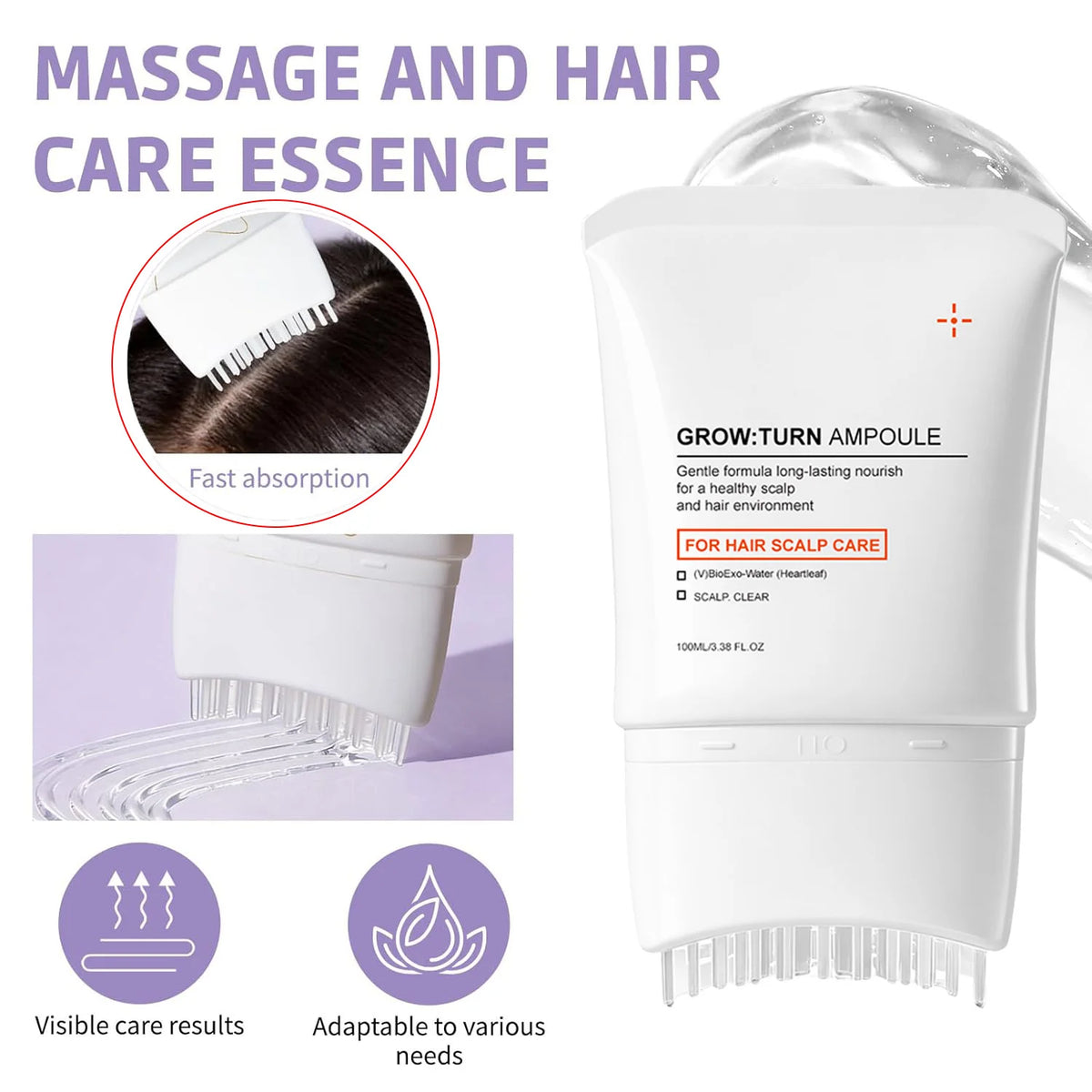 White Grow Turn Ampoule bottle with a built-in massager brush for massage and hair care essence