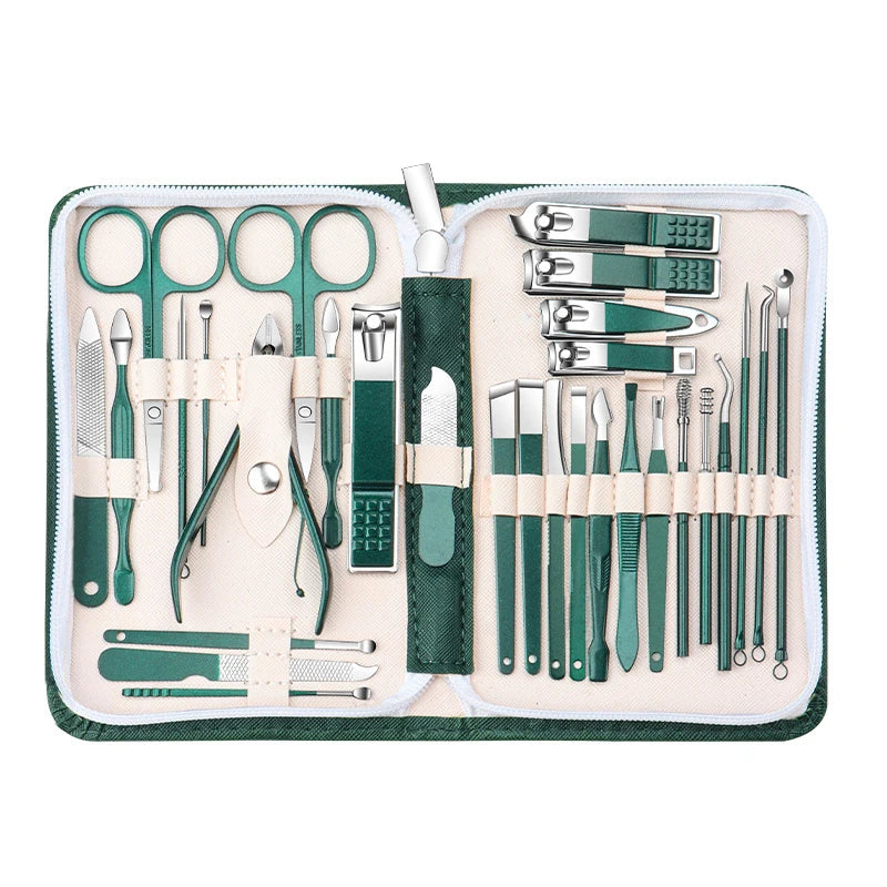 A professional stainless steel manicure and pedicure kit with a green travel case containing various tools.