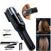 A black professional dry hair trimmer is shown with various attachments and before-and-after results on hair.