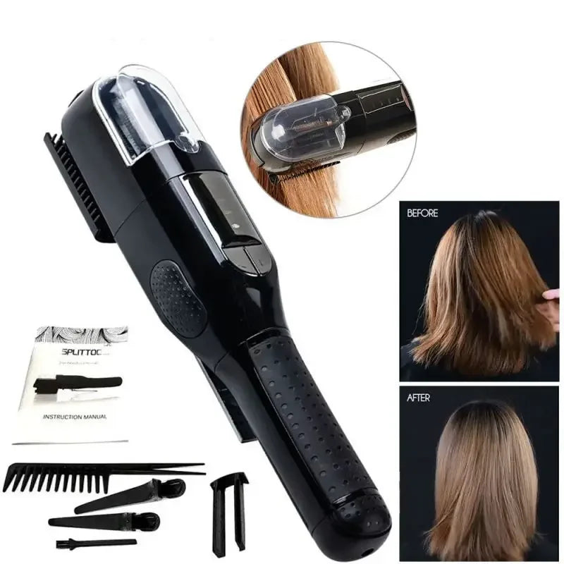 A black professional dry hair trimmer is shown with various attachments and before-and-after results on hair.