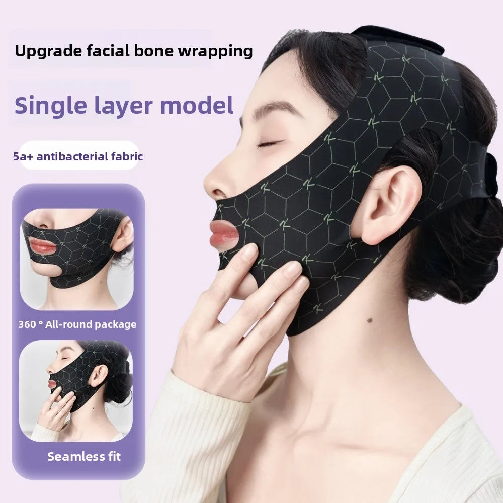 A woman is wearing a black facial bone wrapping mask designed for single layer model and seamless fit.