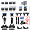 A collection of hair clippers and grooming tools including various blades, a hair clipper, and accessories.