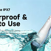 A white portable water flosser oral irrigator is shown being used in water.