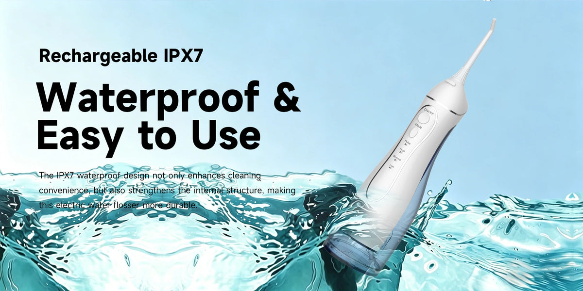 A white portable water flosser oral irrigator is shown being used in water.