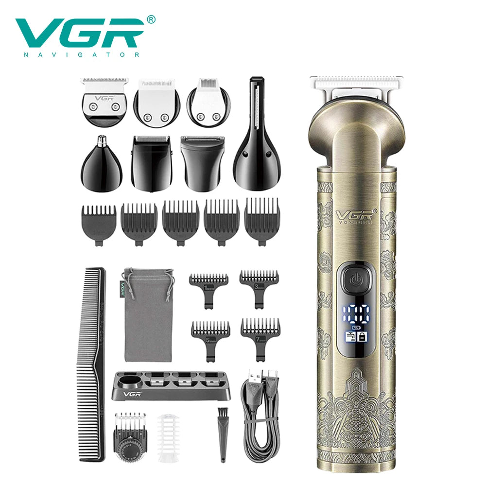A collection of professional electric hair trimmer attachments and a main grooming device in gold and black.