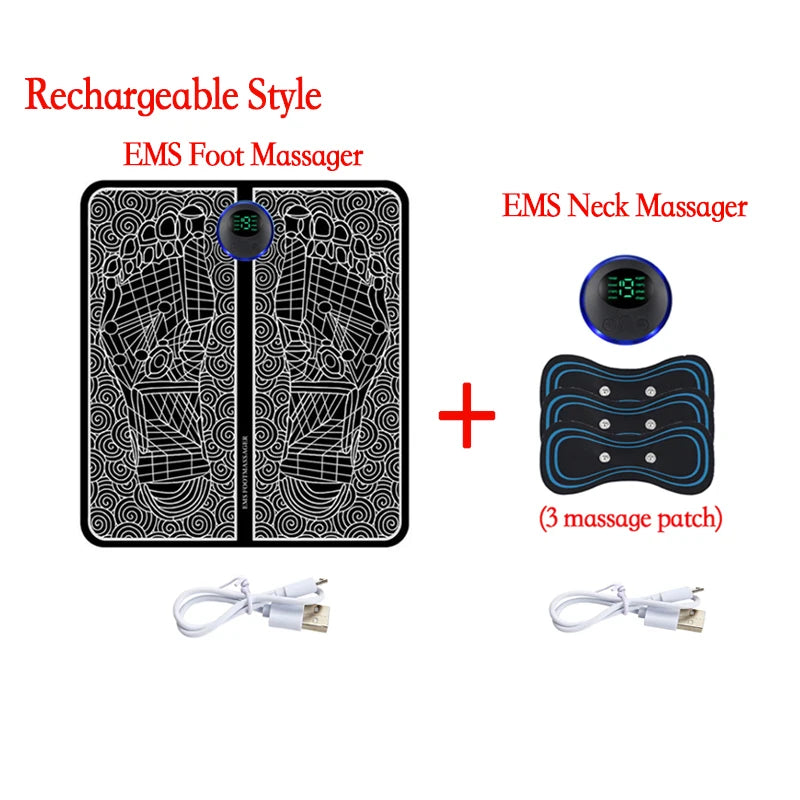 A set of rechargeable EMS foot massager and neck massager devices with accompanying massage patches.
