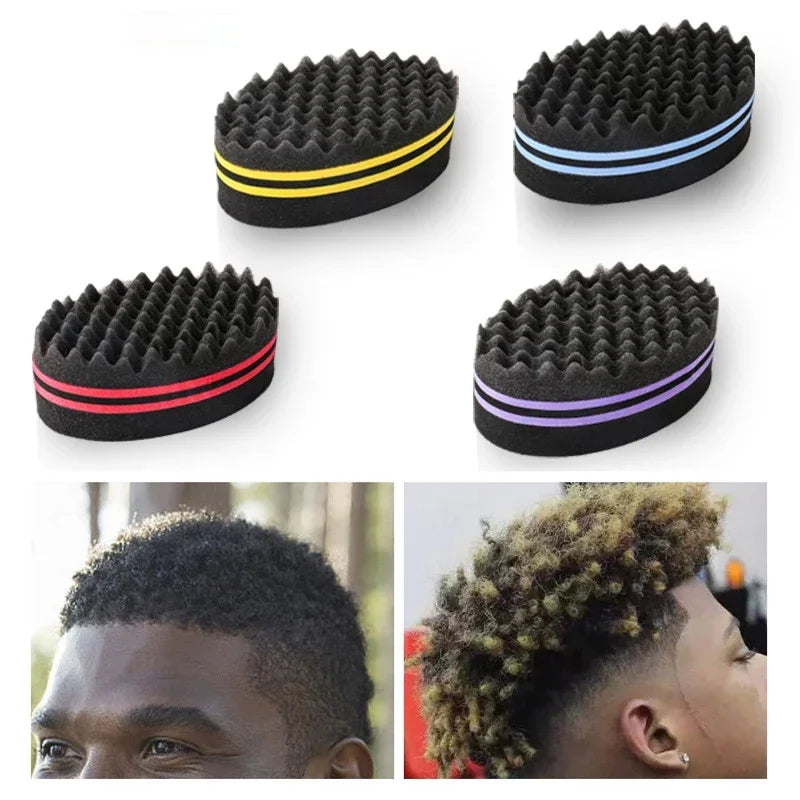A black dual-sided hair braiding brush is shown in various textures and colors, along with a close-up of a person using it on