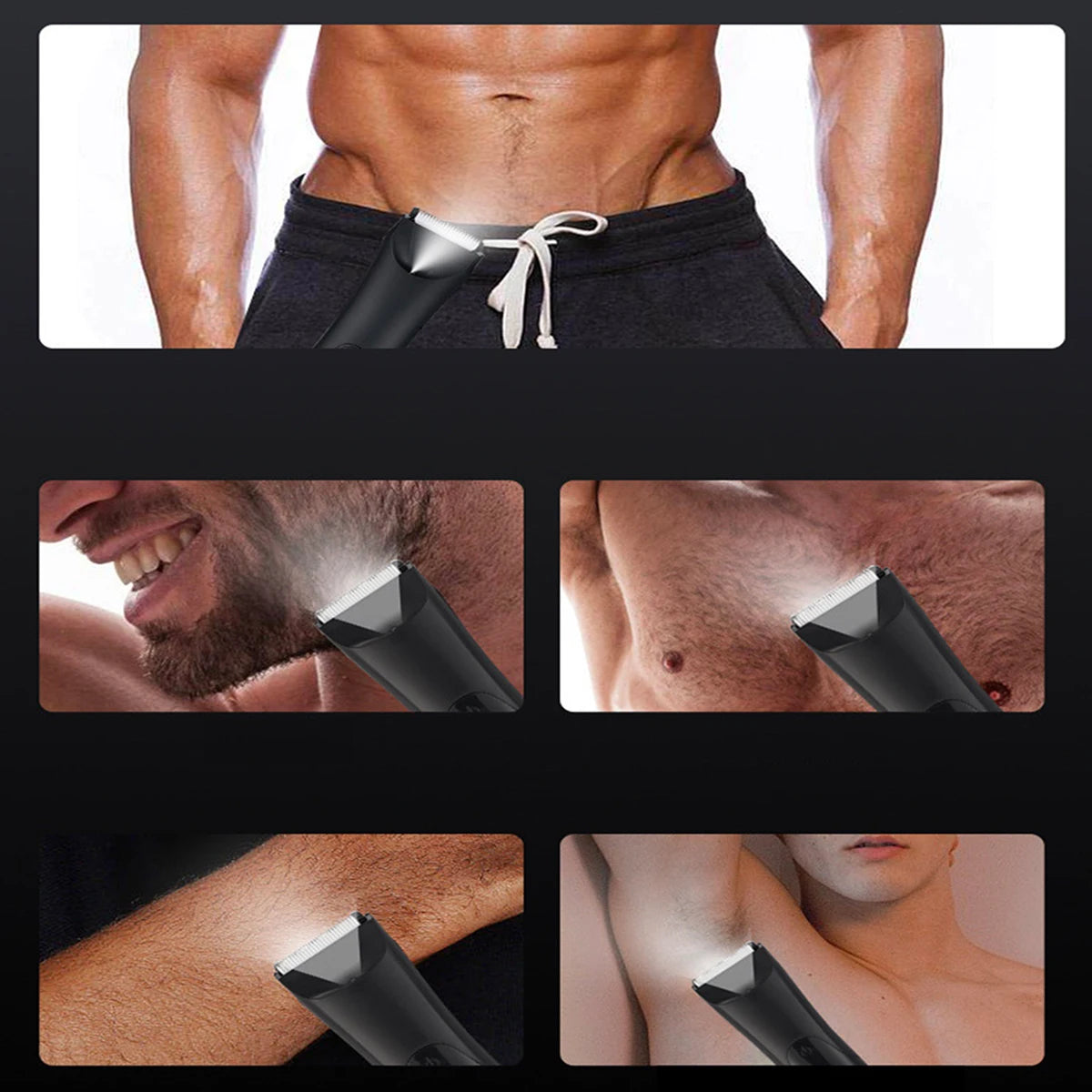Close-up shots of a multi-purpose body hair trimmer being used on various parts of the body.