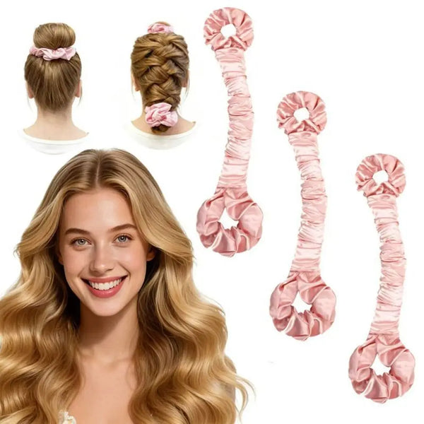 A woman shows off long, wavy blonde hair alongside several pink heatless silk hair rollers.