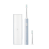 A white sonic electric toothbrush with a blue handle and brush head shown in various forms.