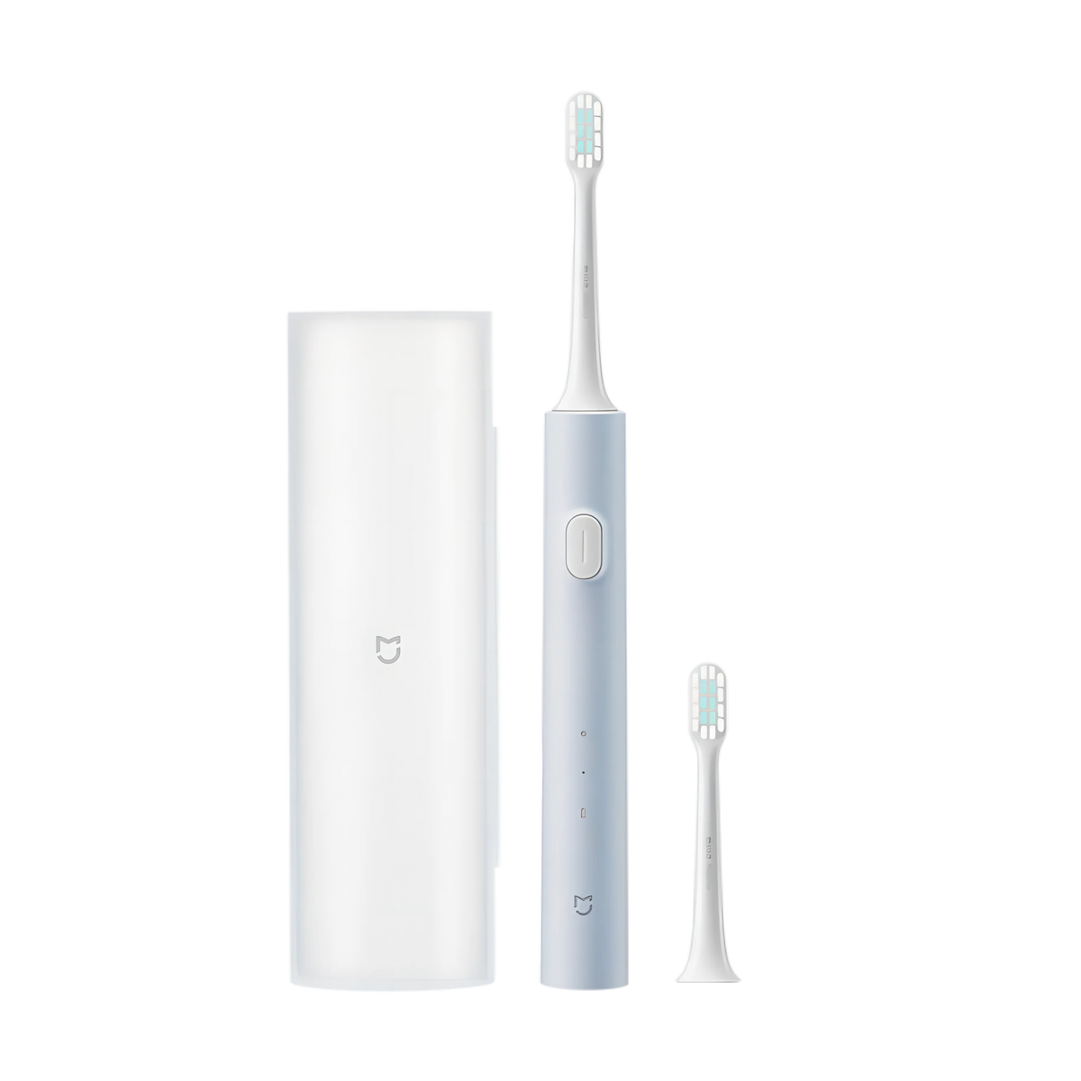A white sonic electric toothbrush with a blue handle and brush head shown in various forms.
