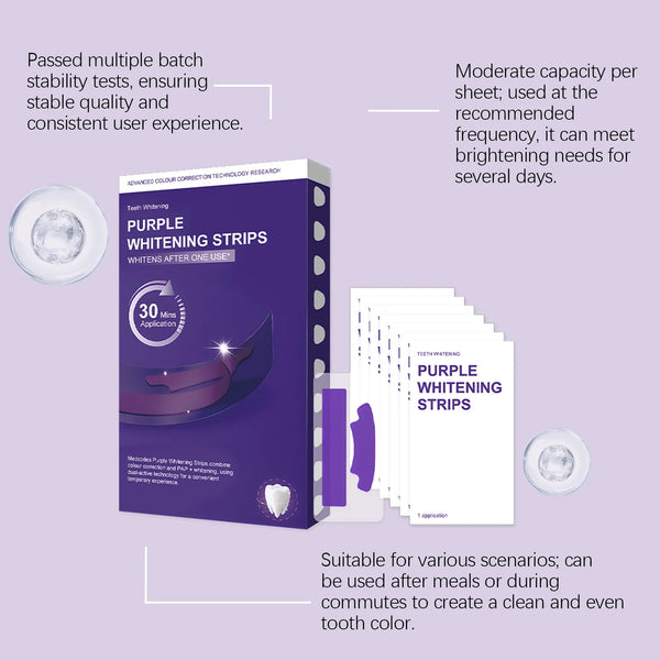 Box of purple whitening strips with usage instructions and a single strip shown.