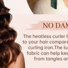 A woman with wavy hair smiles while holding a velvet heatless curler for natural waves.