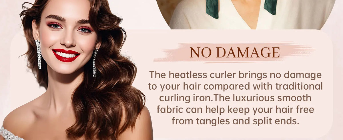 A woman with wavy hair smiles while holding a velvet heatless curler for natural waves.