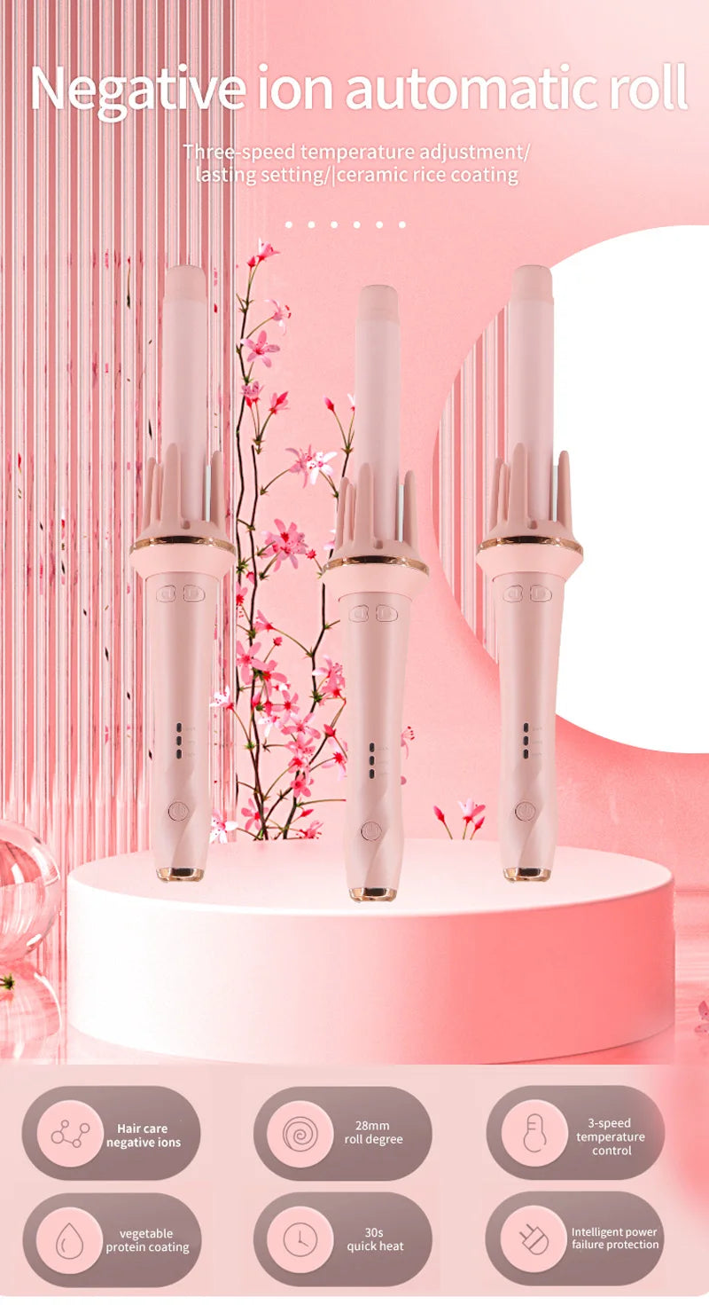 Three-speed negative ion automatic roll hair styling tool in pink and white.