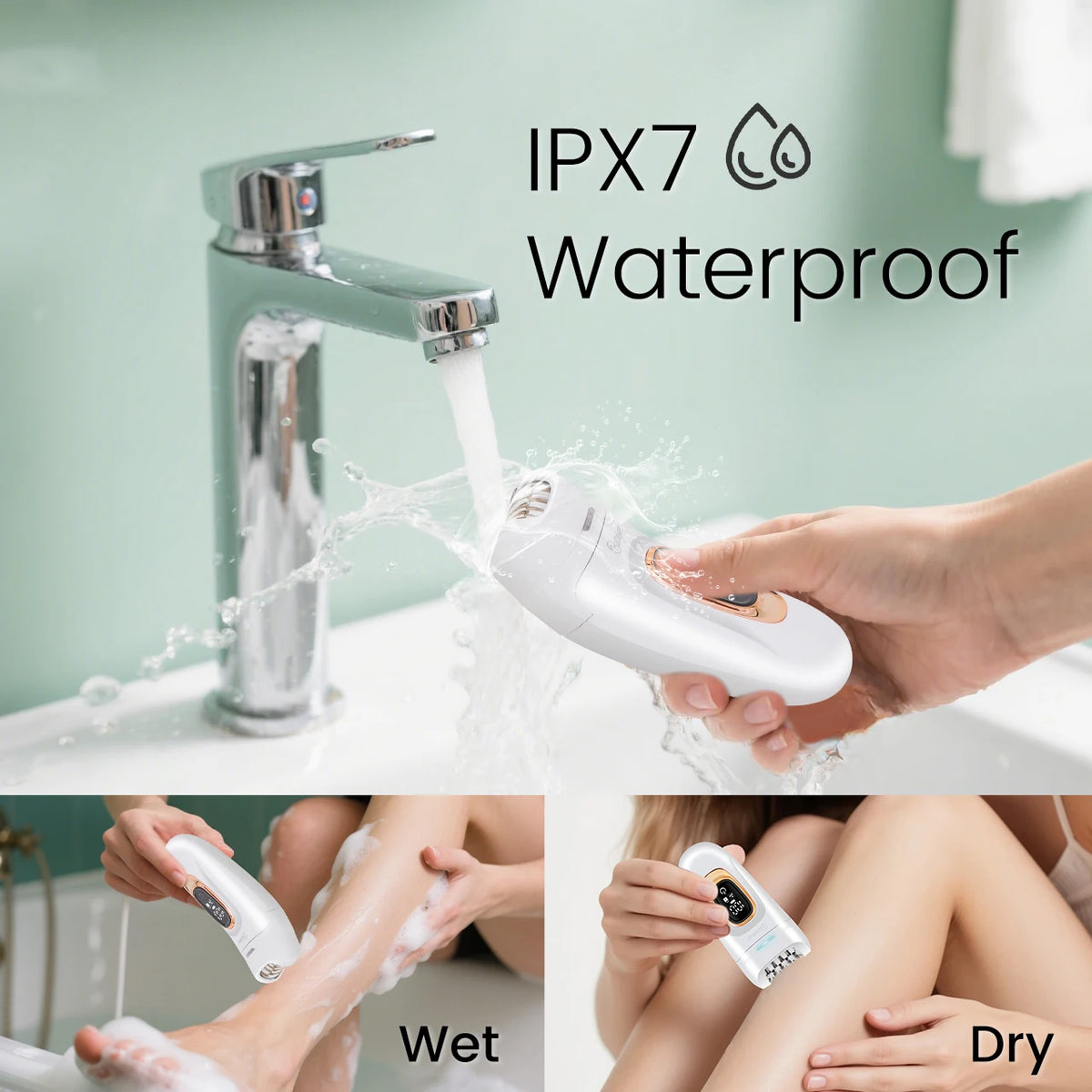 A hand is using a 2-in-1 rotary body and facial hair remover to remove wet or dry hair from skin.