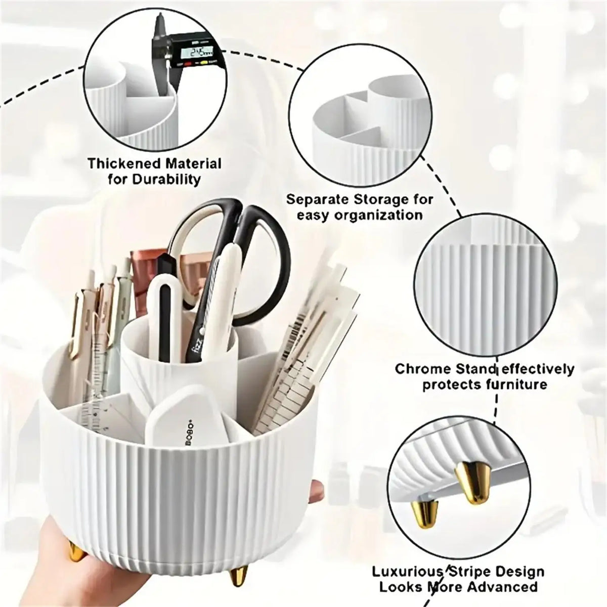 White striped makeup organizer with a removable lid and chrome stand for durable storage