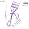 A purple precision eyelash curler tool shown with dimensions and usage instructions.