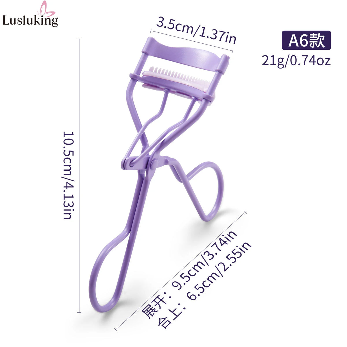 A purple precision eyelash curler tool shown with dimensions and usage instructions.