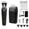 A black Kemei electric hair clipper kit showing the main unit, accessories, and various clipper guards.