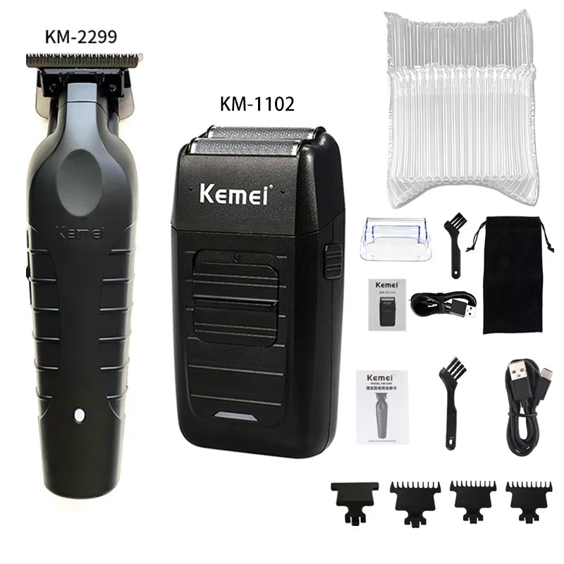 A black Kemei electric hair clipper kit showing the main unit, accessories, and various clipper guards.