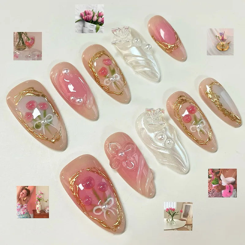Collection de faux ongles français couleur amande rose avec motifs de paillettes et floraux.