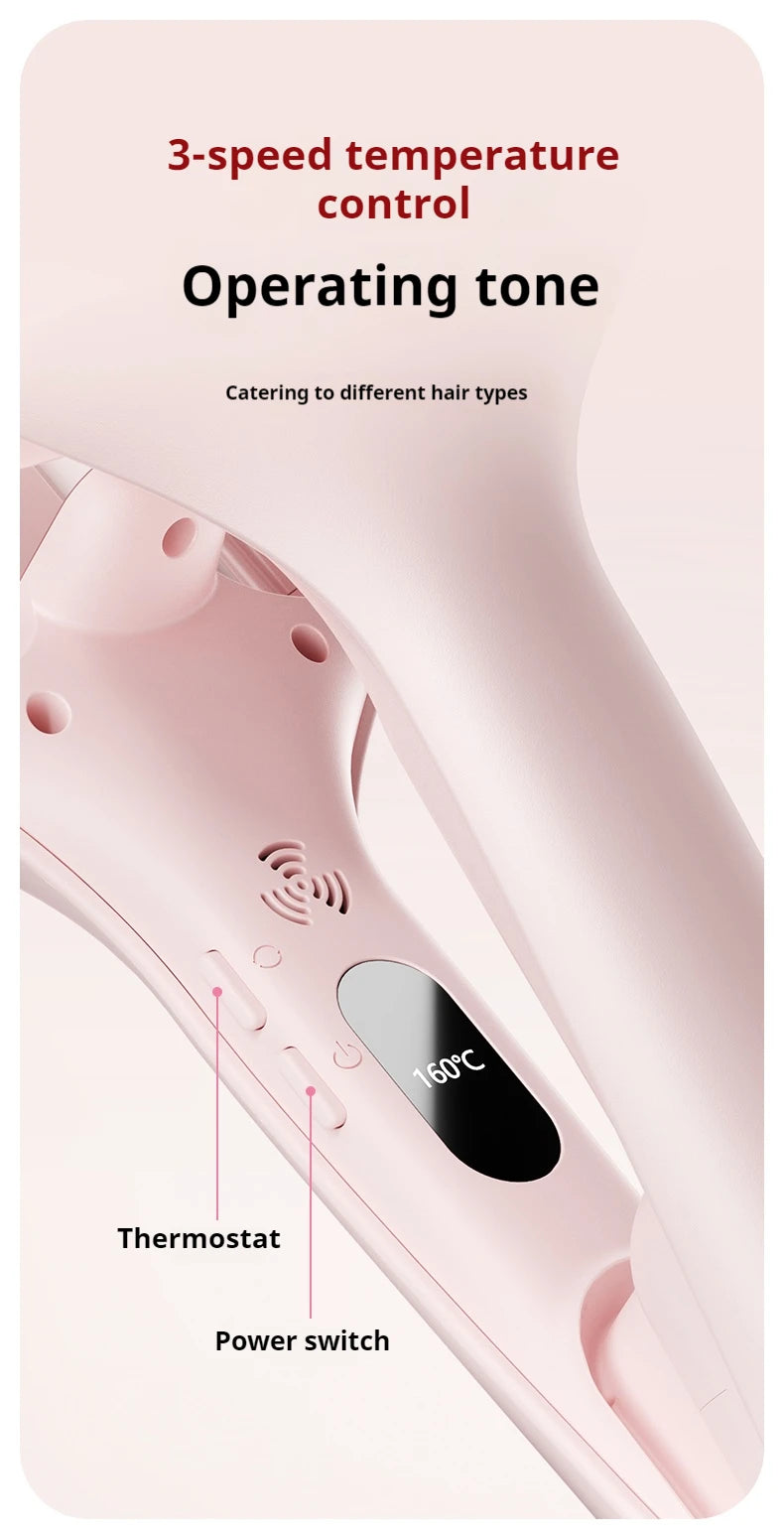 Close-up of a pink hair styling tool with a thermostat and power switch, demonstrating 3-speed temperature control.