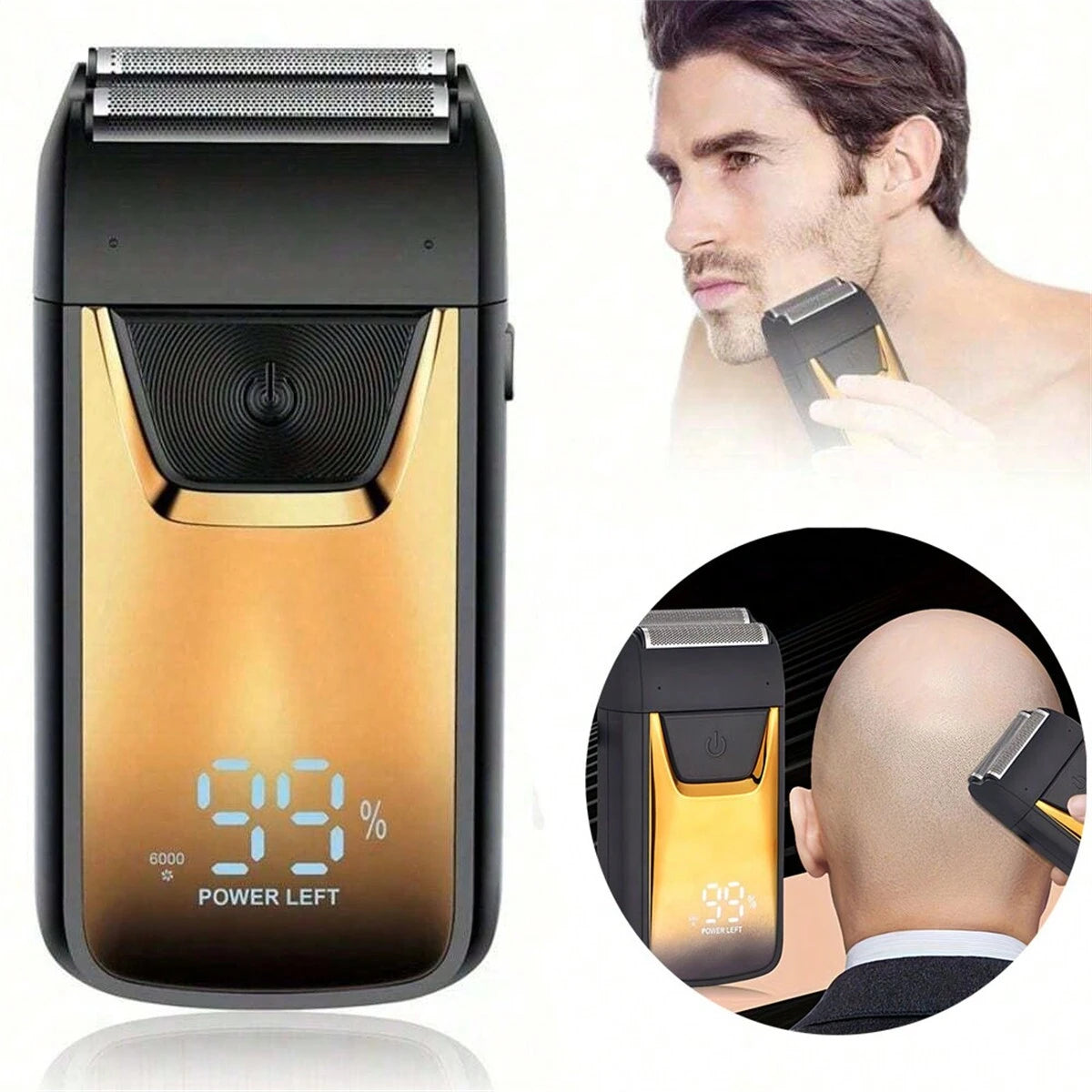 A professional electric double-blade hair shaver in gold and black is shown with a close-up of its power level indicator.