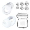 A set of white silicone earplugs, including a single plug and multiple spare plugs in an open metal case.