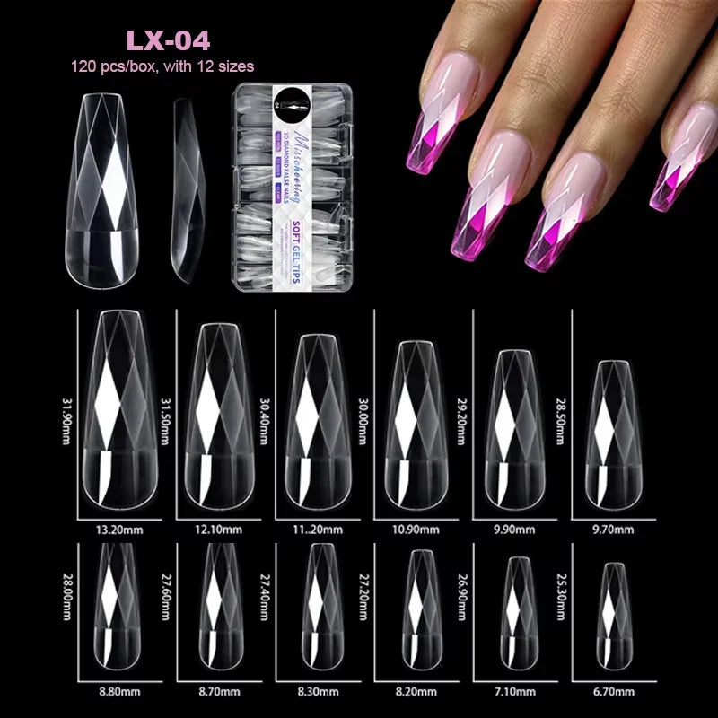 Collection d'extensions de ongles en acrylique de différentes longueurs et formes pour les doigts, présentées dans une boîte 