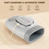 A gray electric hand massager device with a charging cable connected, shown in a close-up view.
