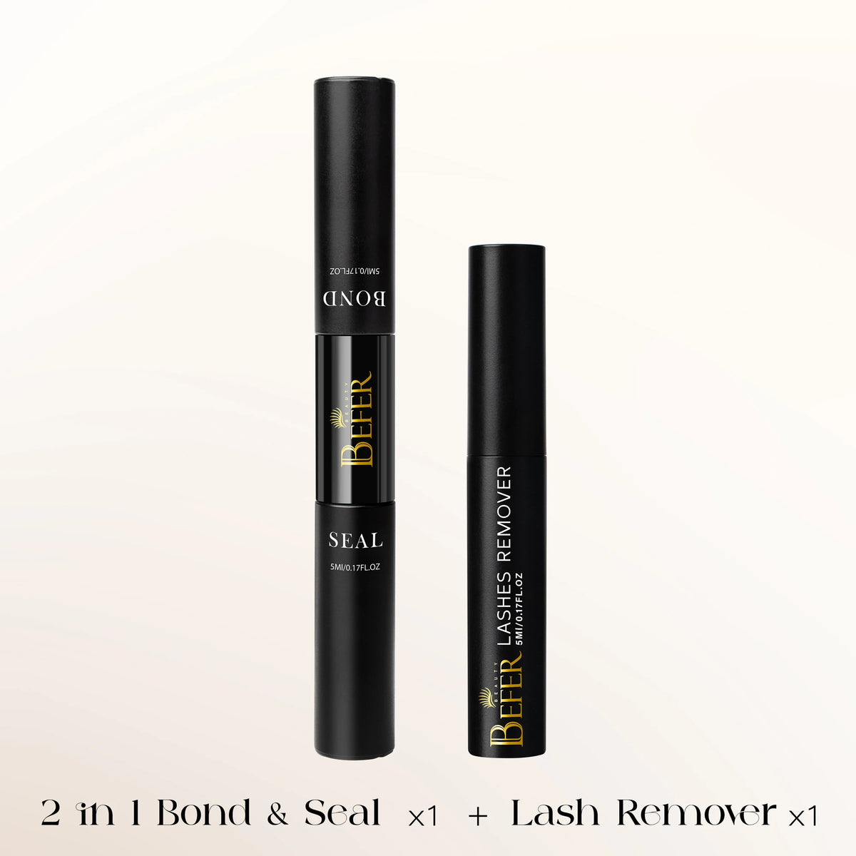 A set of Befer Bond and Seal lash adhesive and remover kits shown vertically.