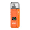 An orange electric trimmer device with a clear casing and a silver trimmer head.
