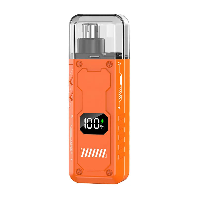 An orange electric trimmer device with a clear casing and a silver trimmer head.